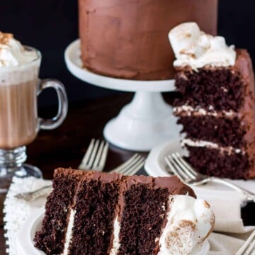 Slices of hot chocolate cake topped with toasted marshmallows, with an entire frosted cake in the background