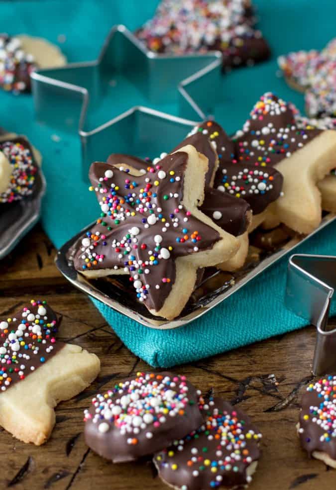 Chocolate covered sprinkle cookies