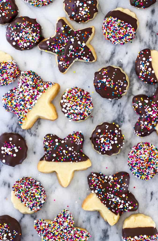 Chocolate covered star shaped butter cookies