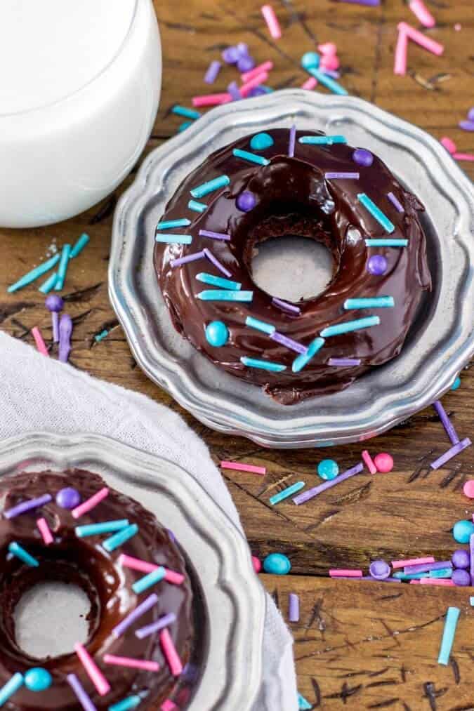 Baked Chocolate Donuts on silver plate