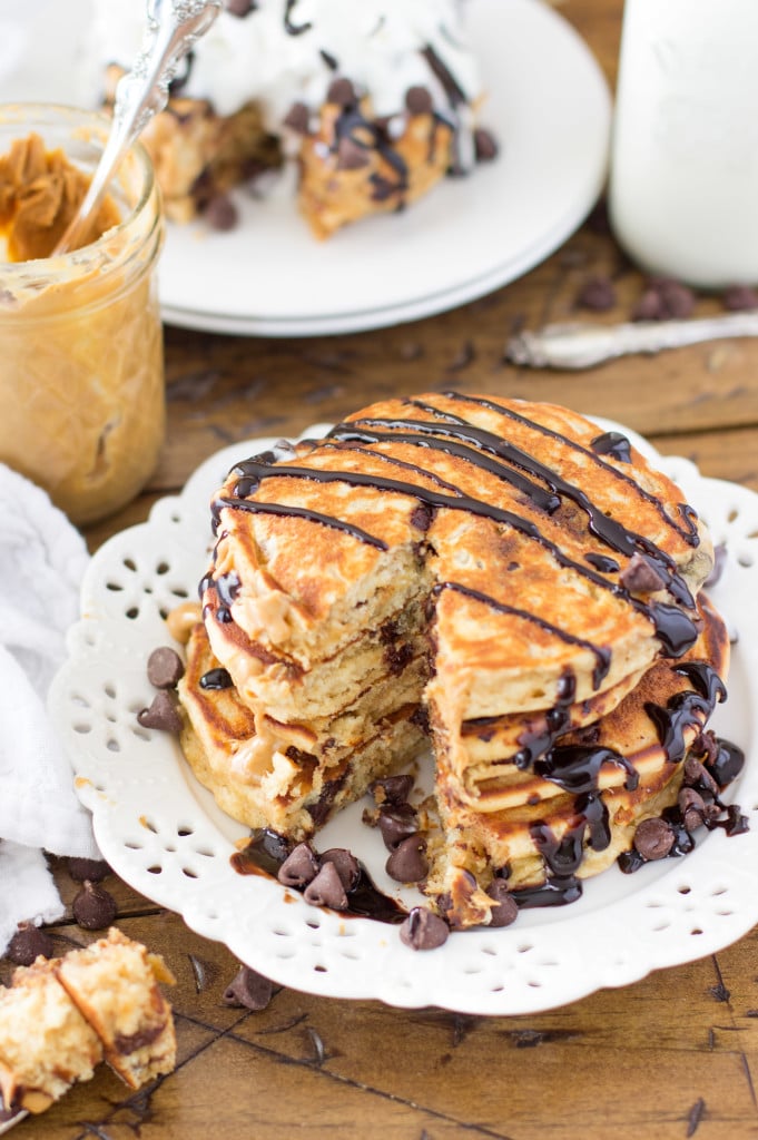 Easy peanut butter chocolate chip pancakes -- SugarSpunRun