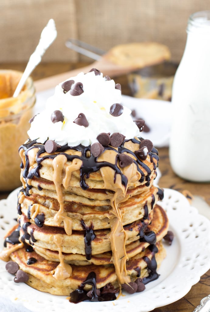 Easy peanut butter chocolate chip pancakes -- SugarSpunRun