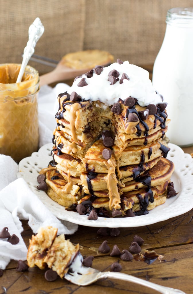 Easy peanut butter chocolate chip pancakes -- SugarSpunRun