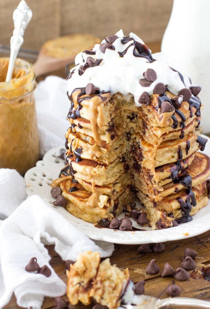 Easy peanut butter chocolate chip pancakes -- SugarSpunRun