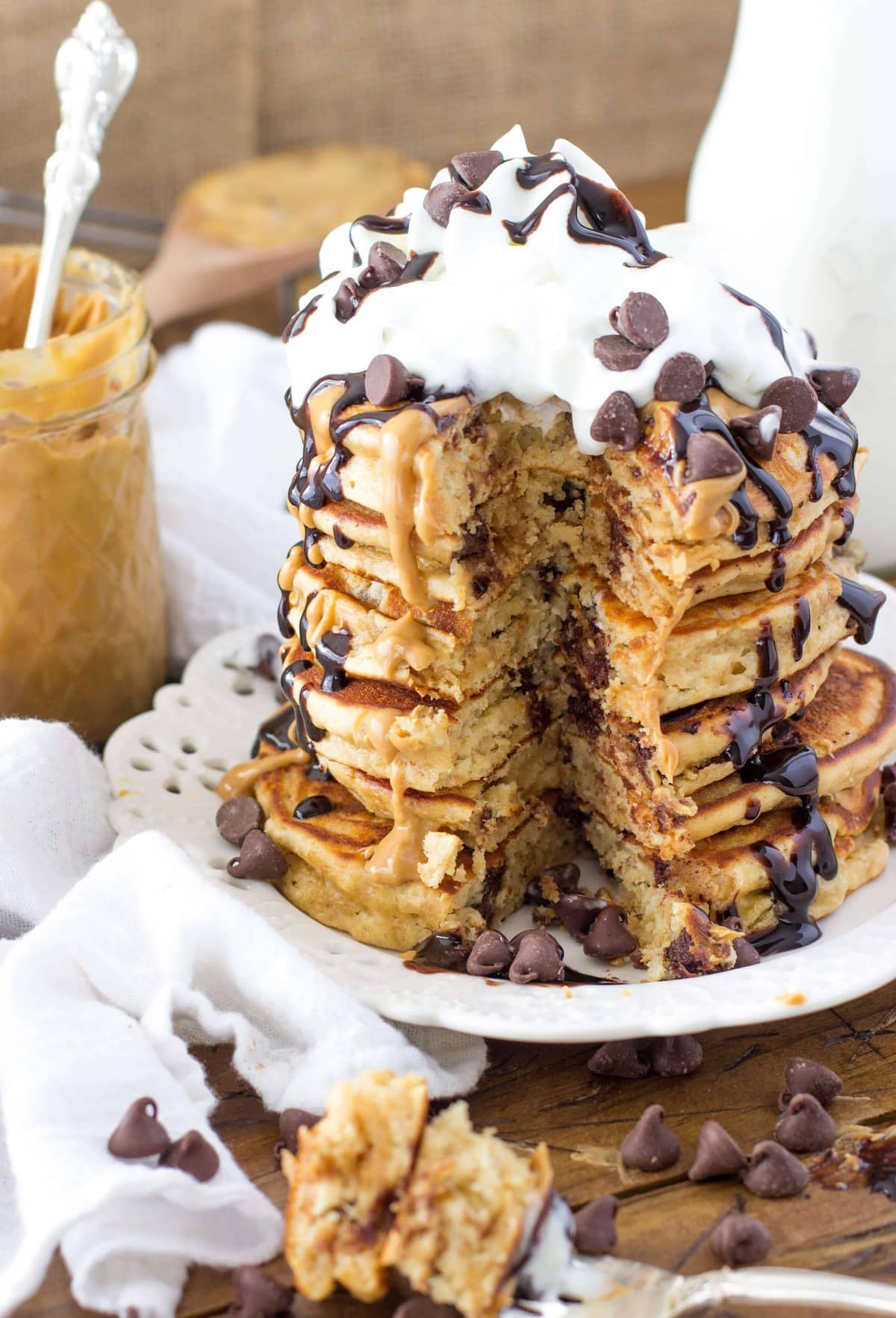 Peanut Butter Chocolate Chip Pancakes - Sugar Spun Run