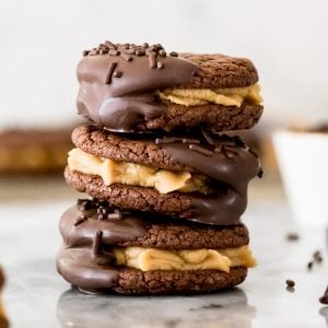 stack of chocolate peanut butter sandwich cookies