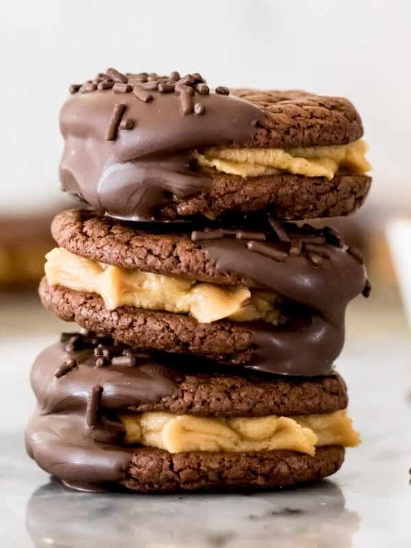 stack of chocolate peanut butter sandwich cookies