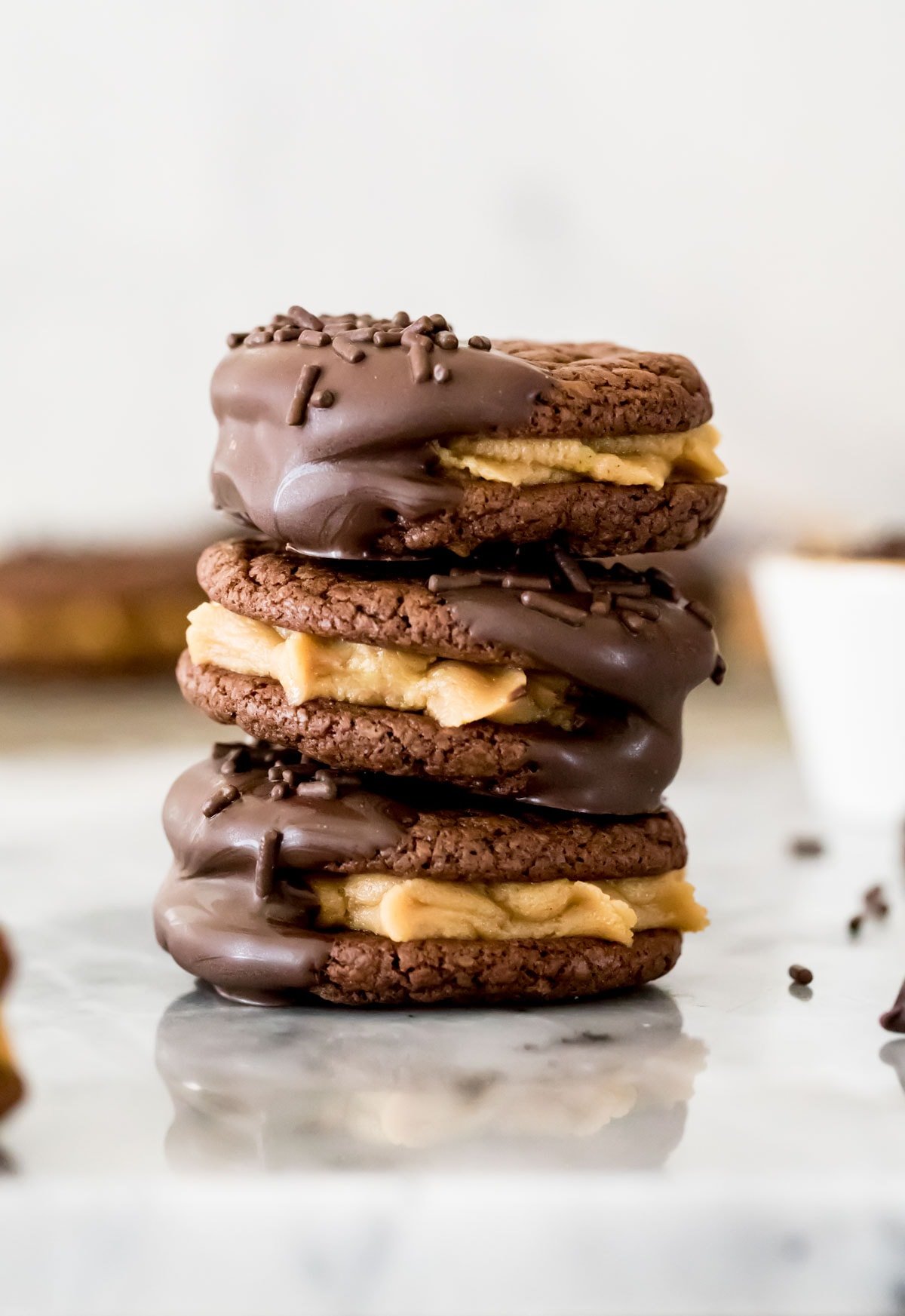 stack of chocolate peanut butter sandwich cookies