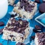 Cookies and cream rice krispie squares, surrounded by chopped oreo cookies