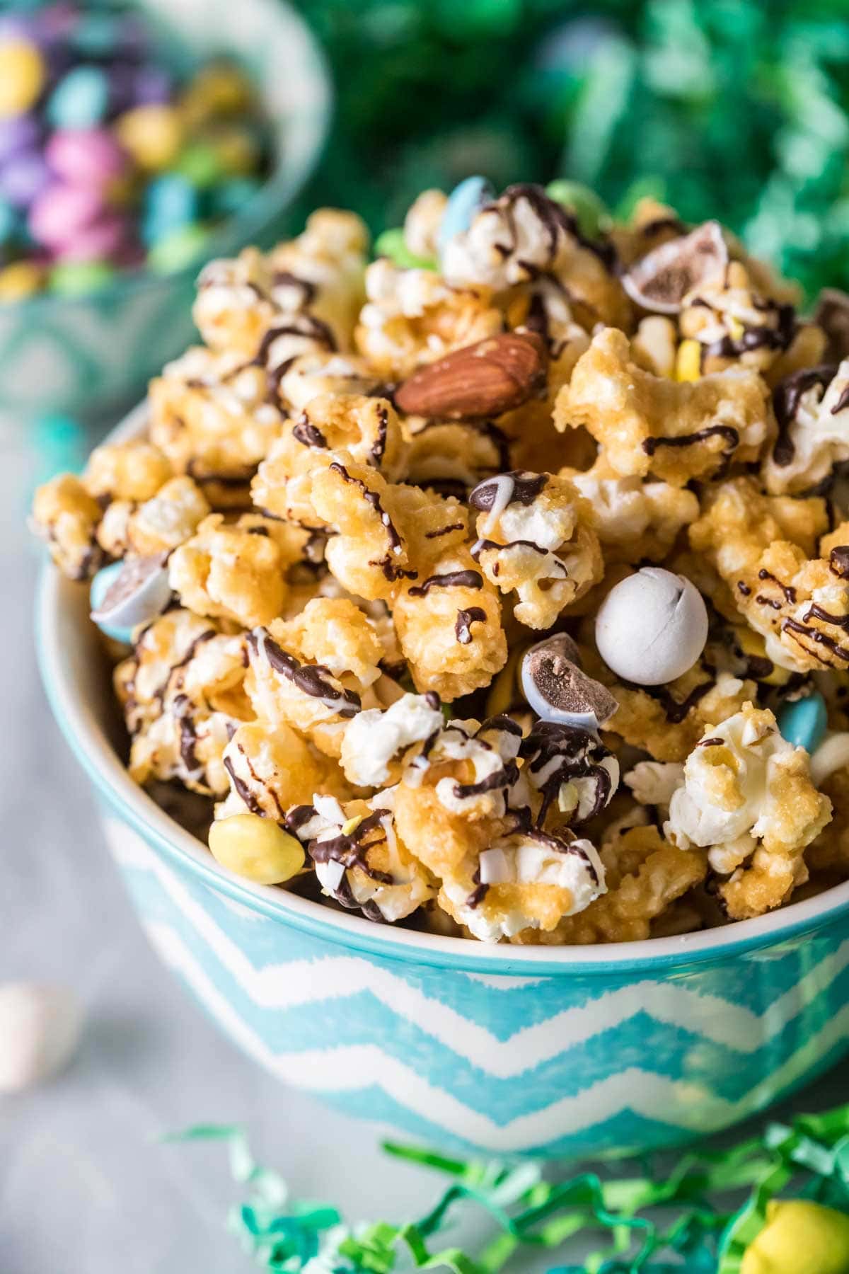 close-up of a Blue and white bowl full of bunny munch