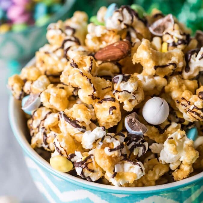 Blue and white bowl full of bunny munch