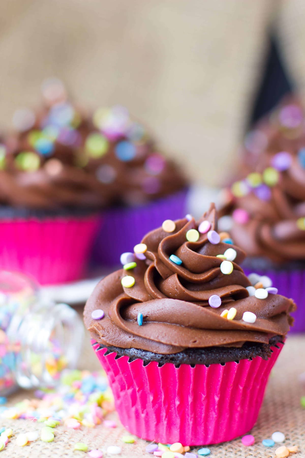 Chocolate cupcake with chocolate frosting, topped with sprinkles