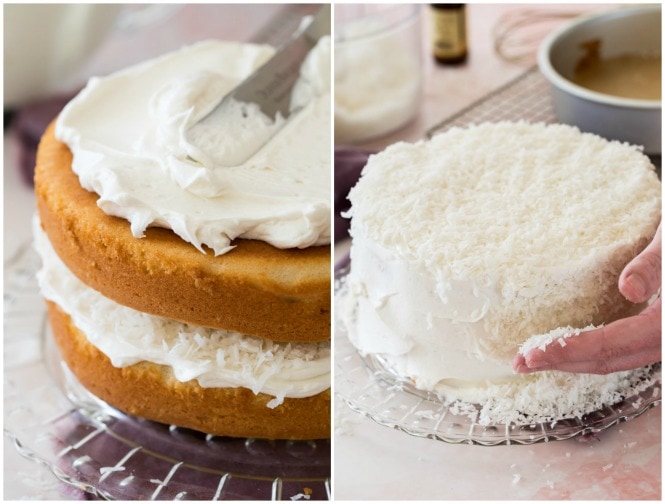How to assemble coconut cake: covering layers with frosting and shredded coconut