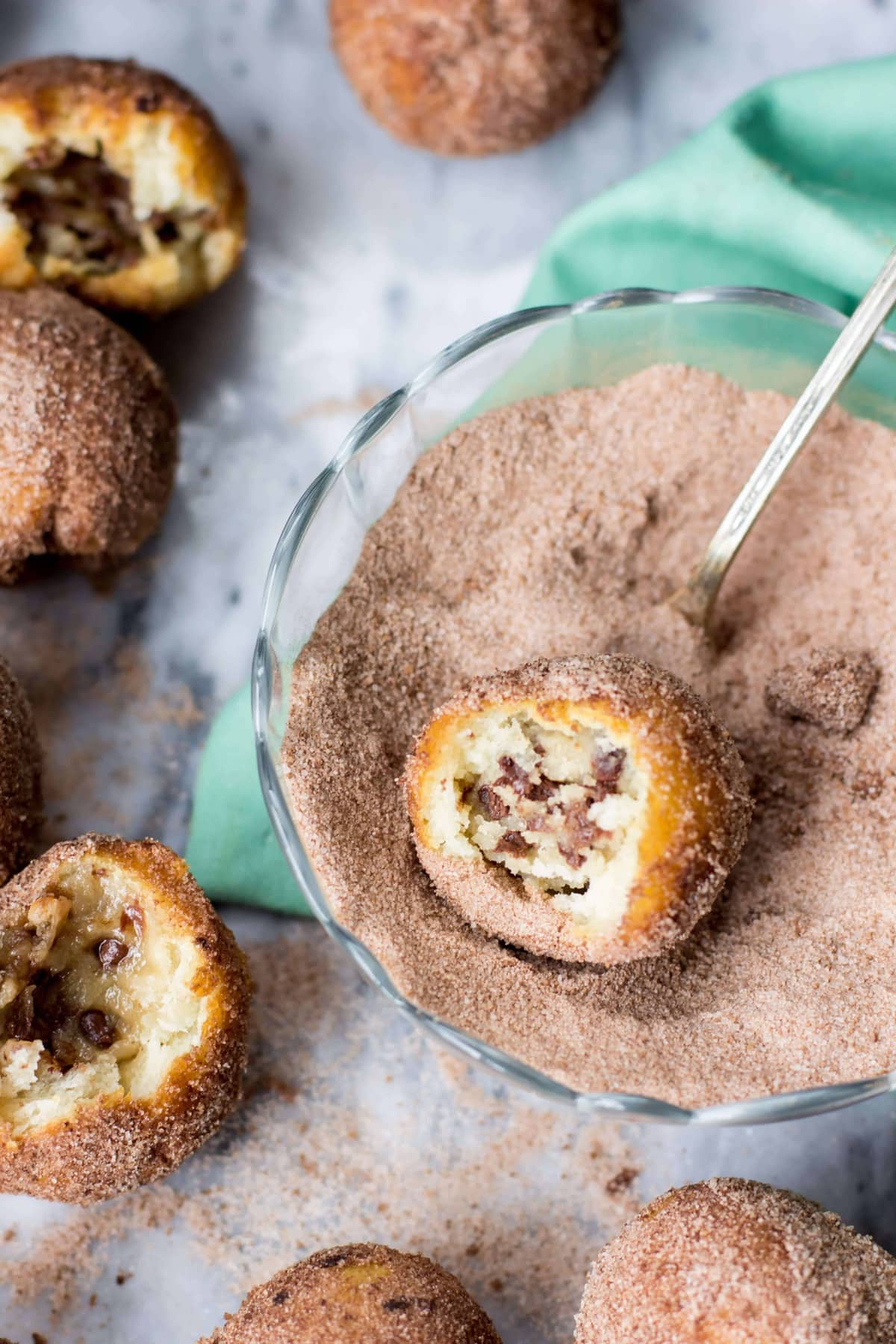Cookie Dough Stuffed (NO YEAST) Donut Holes rolled in sea-salted chocolate sugar -- OMG!
