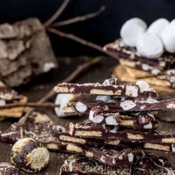Pieces of s'mores bark stacked on each other