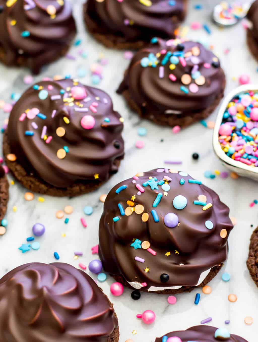 High Hat Cookies -- Chocolate brownie cookies topped with marshmallow frosting and dipped in chocolate