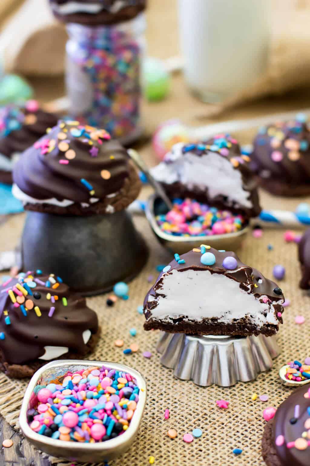 High Hat Cookies -- Chocolate brownie cookies topped with marshmallow frosting and dipped in chocolate