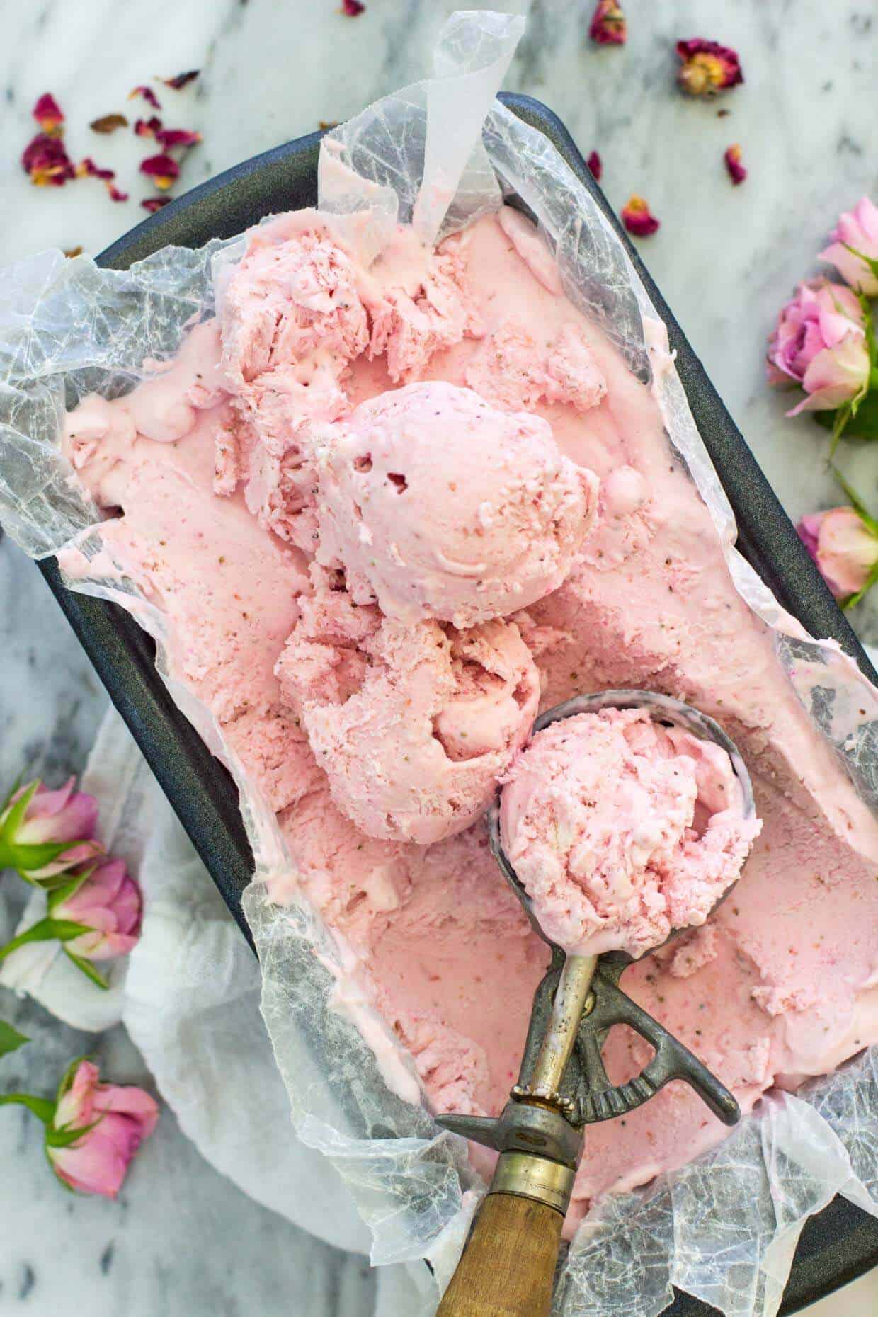 Strawberry Rose Ice Cream (no ice cream maker needed) -- Sugar Spun Run 