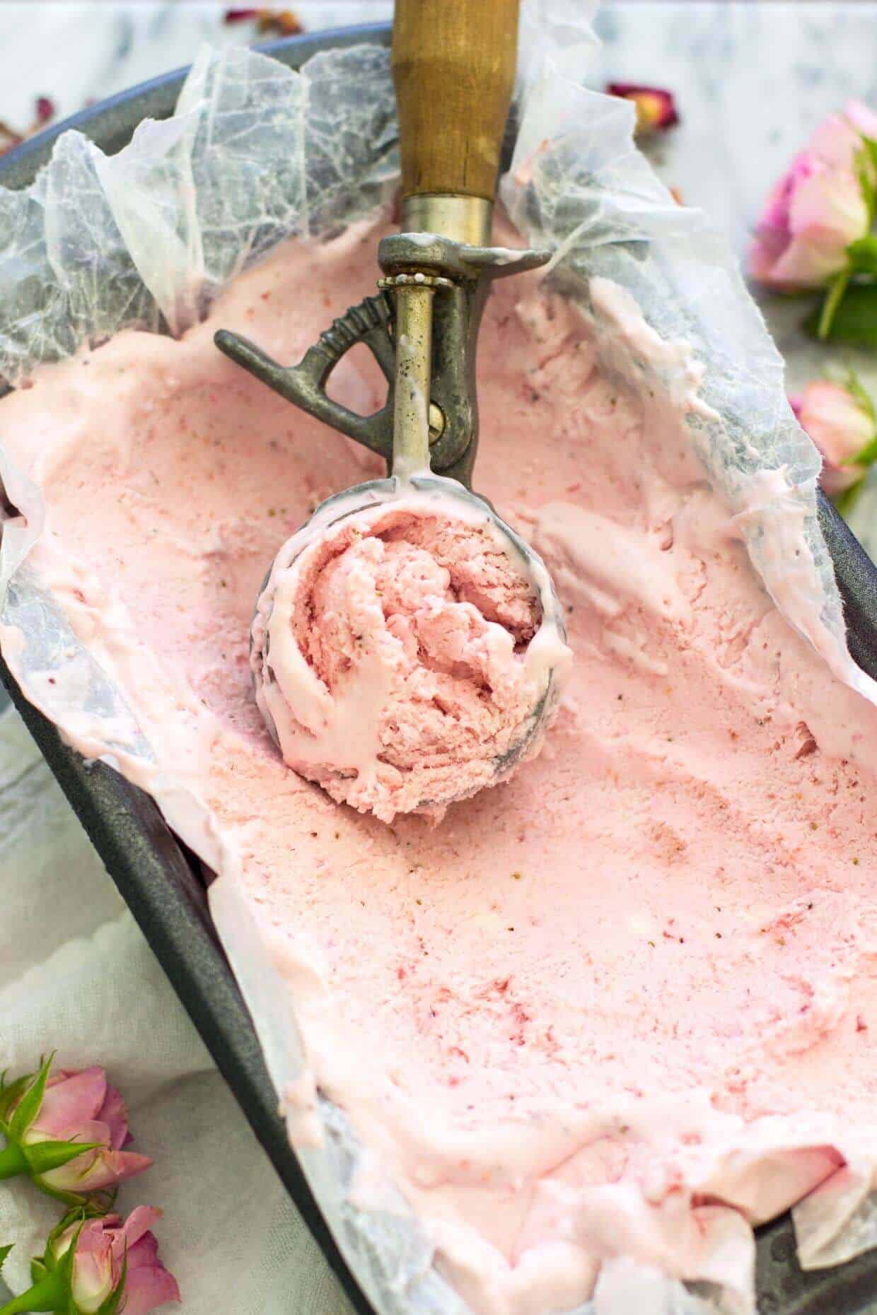 Strawberry Rose Ice Cream (no ice cream maker needed) -- Sugar Spun Run 