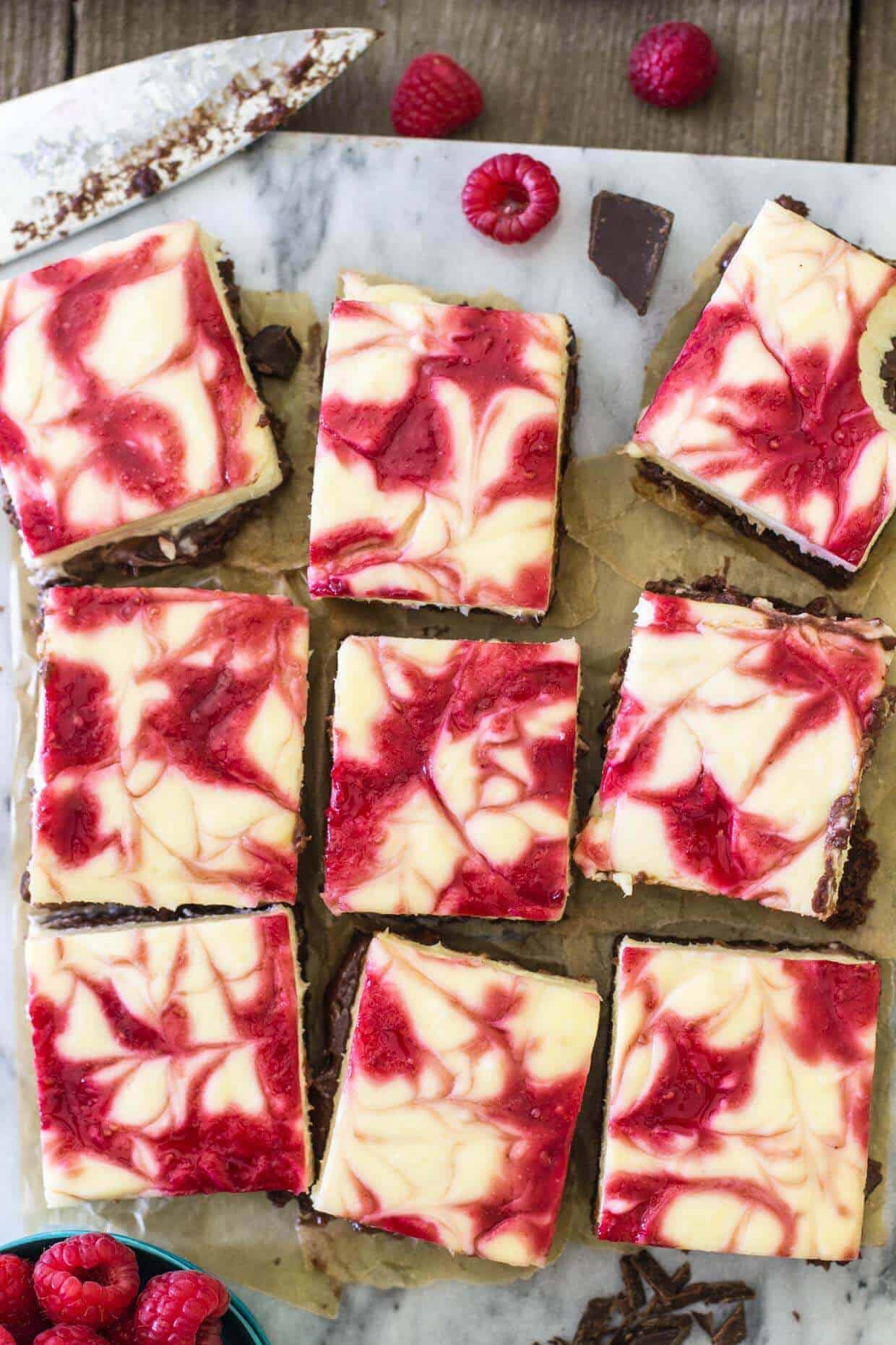 overhead of raspberry cheesecake brownies