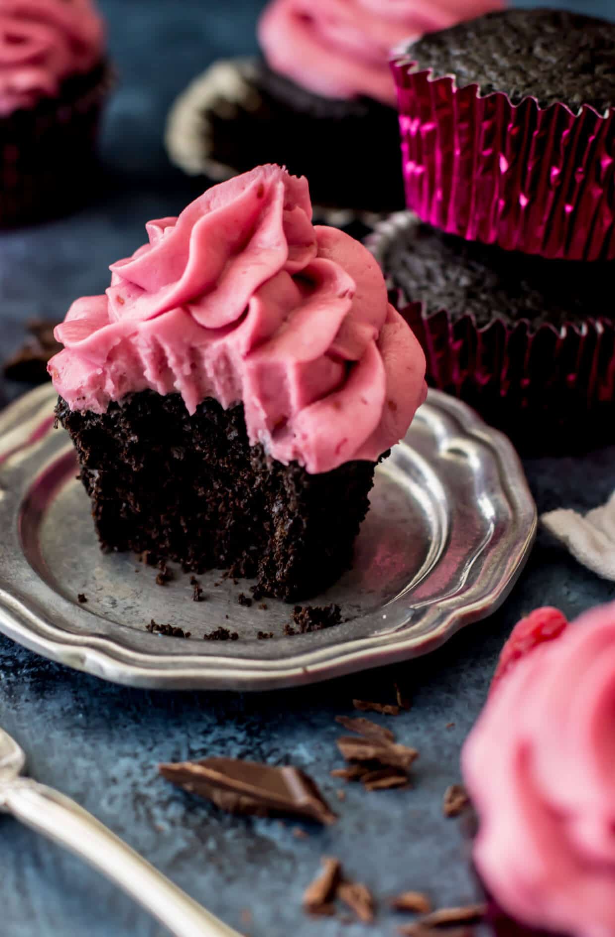 Dark Chocolate Cupcakes with Fresh Raspberry Frosting - Sugar Spun Run