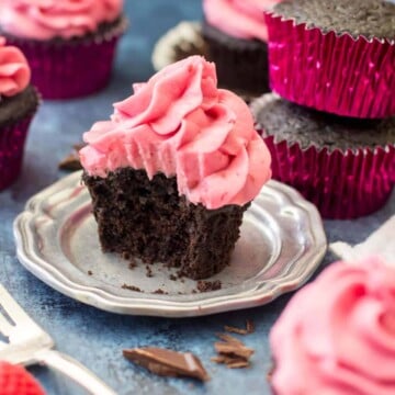 Dark chocolate cupcake with raspberry frosting