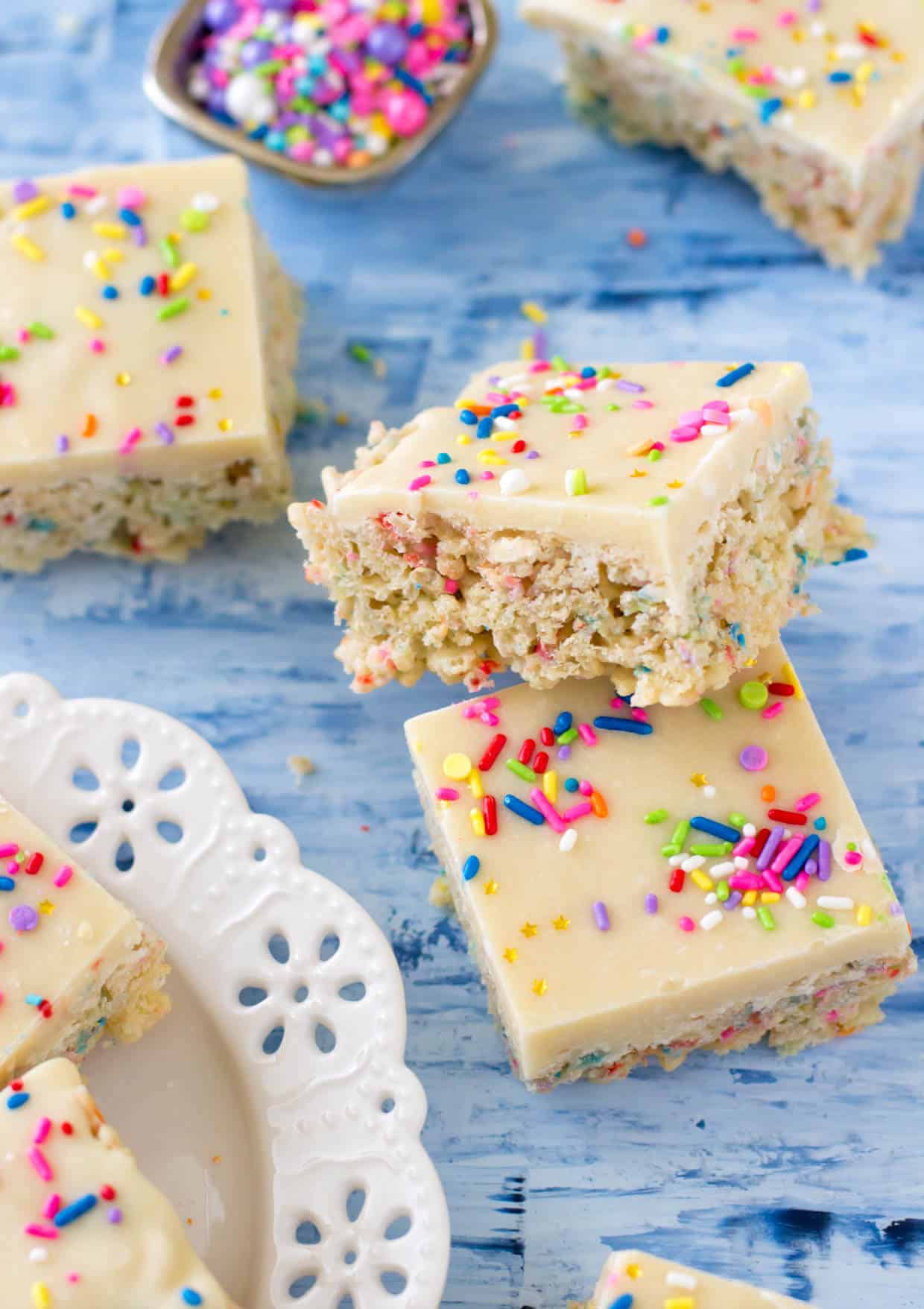 Cake Batter Rice Krispie Treats -- via SugarSpunRun