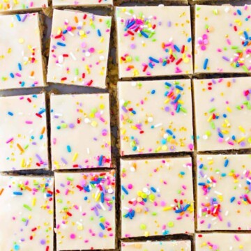 Overhead of cake batter rice krispie treats, cut in to squares