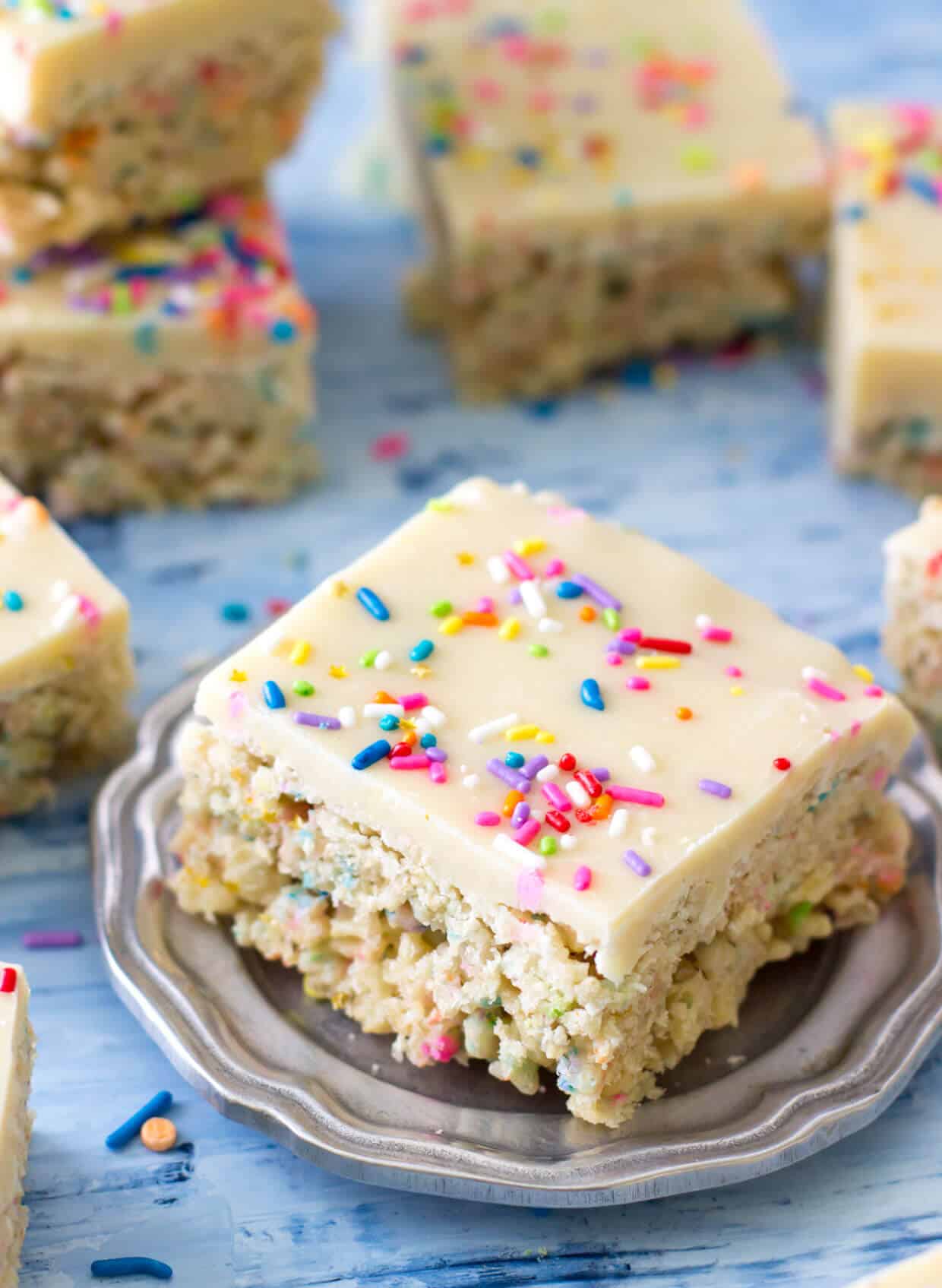 Cake Batter Rice Krispie Treats - Sugar Spun Run