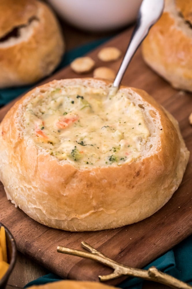 soup in a homemade bread bowl