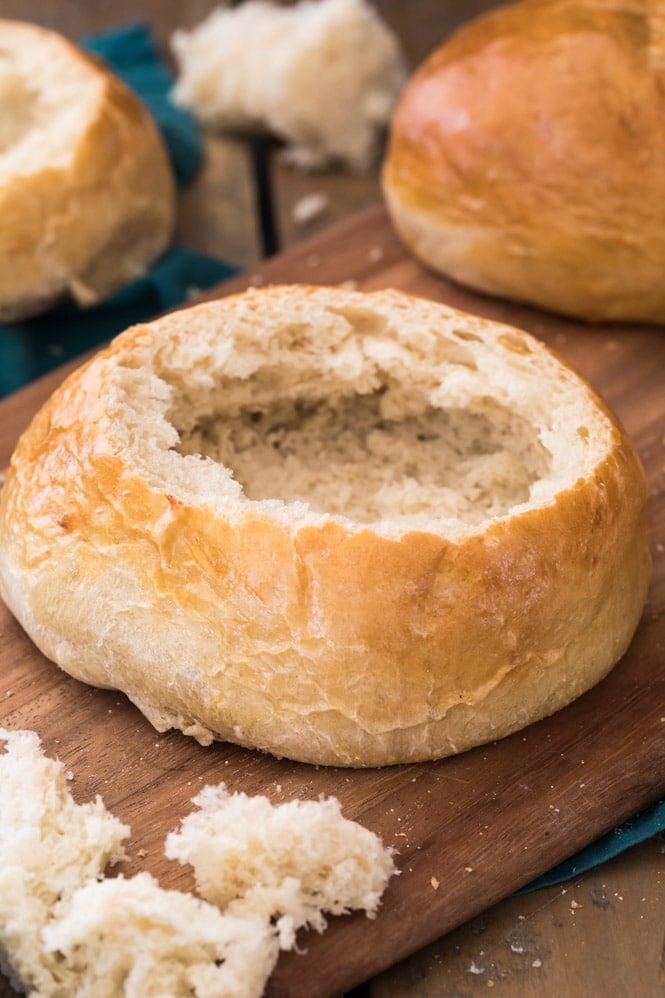 bread bowl with top sliced off