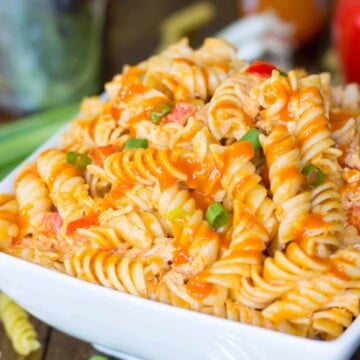 Buffalo chicken style pasta salad in a white bowl