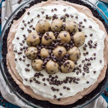 Overhead of finished cookie dough pie, in a glass baking dish