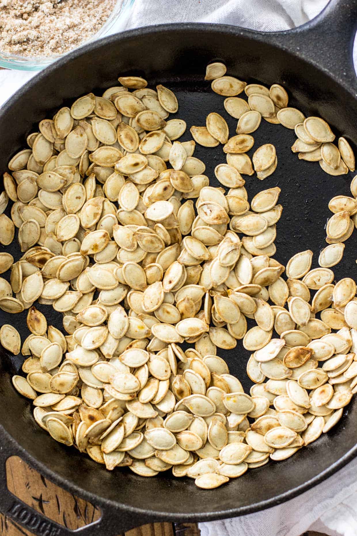 Pumpkin seeds in a skillet