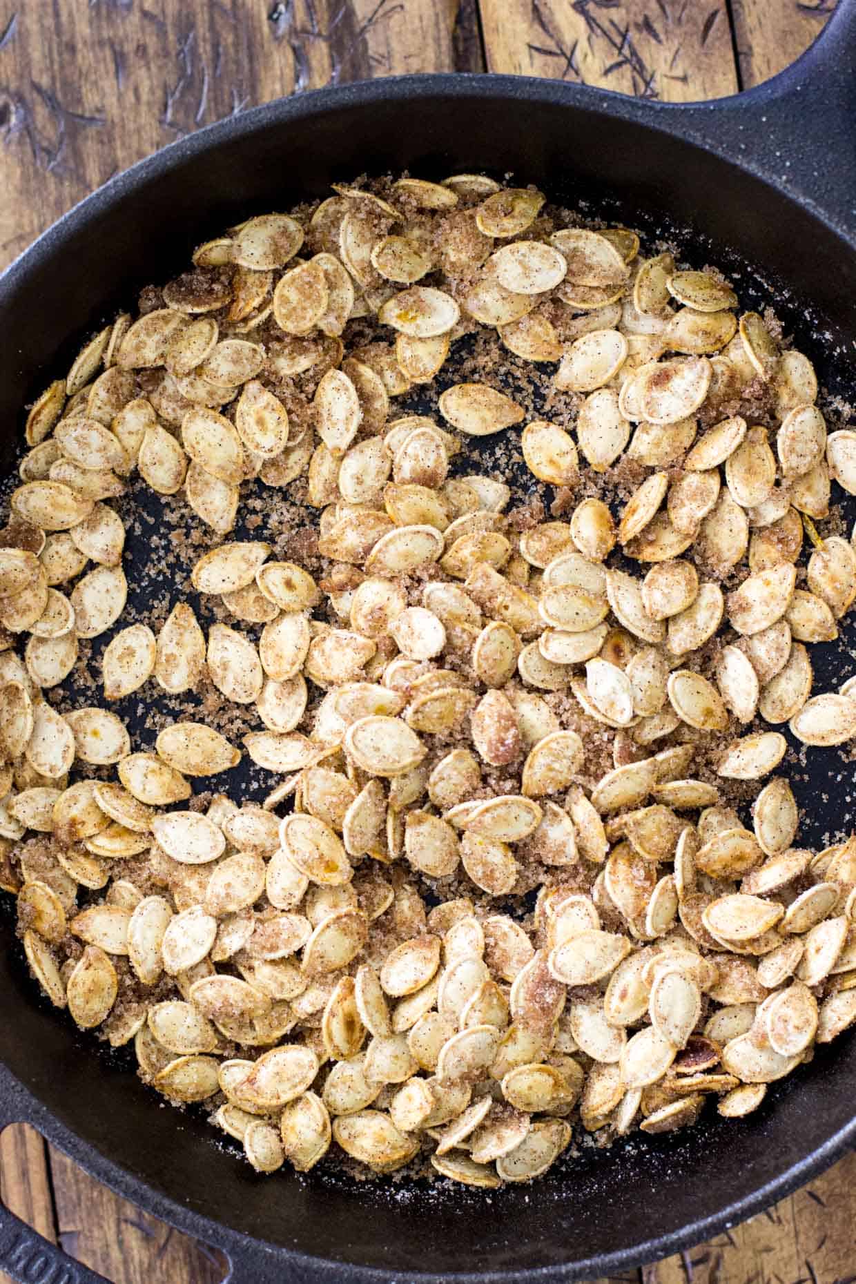 Pumpkin seeds seasoned in a skillet