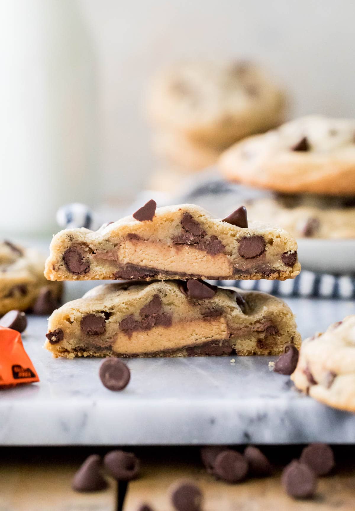 reeses stuffed cookies cut in half