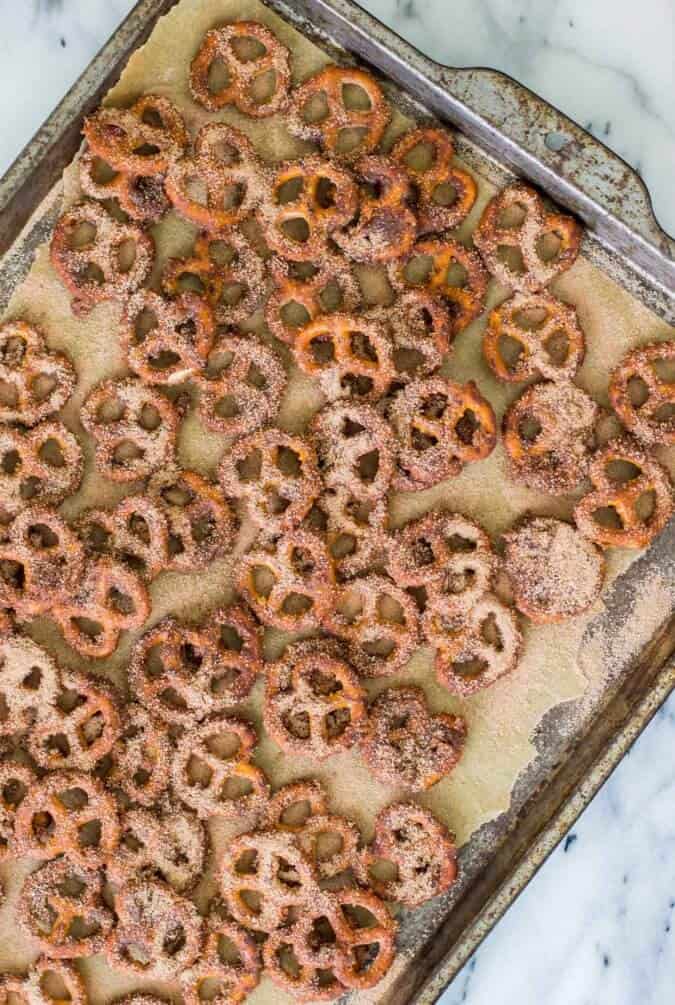 candied pretzels going into the oven to bake