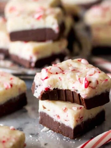 Peppermint bark fudge stacked