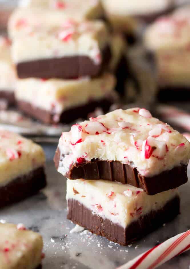 Peppermint bark fudge stacked