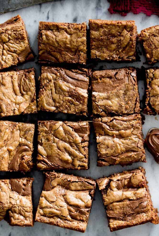 Overhead of nutella brownies cut in to squares