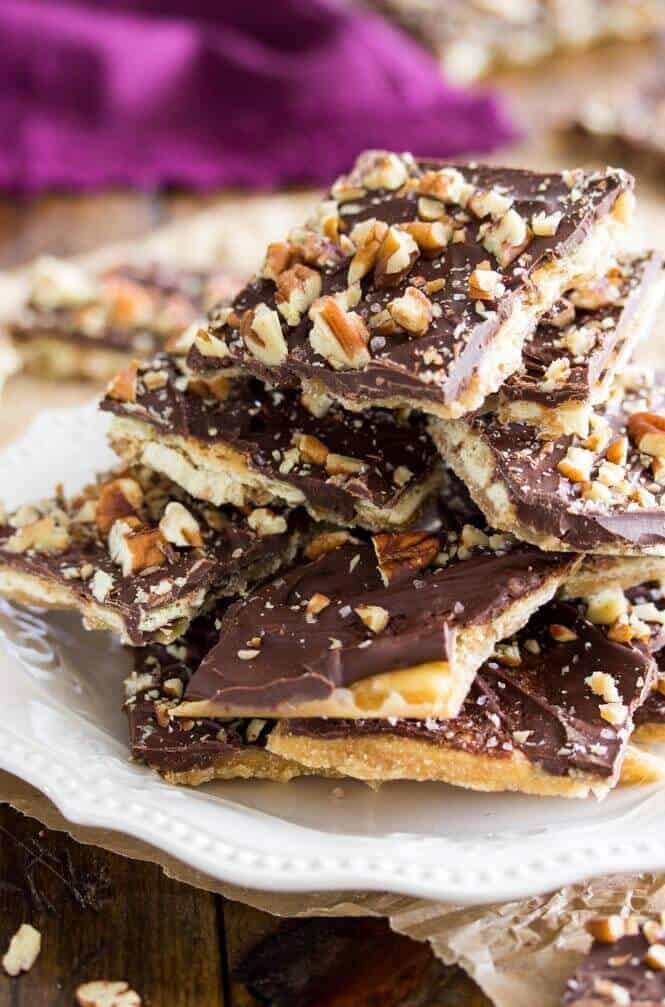 Stack of saltine cracker candy pieces on a plate