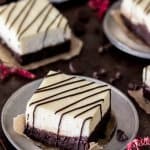 Brownie cheesecake square on a silver plate