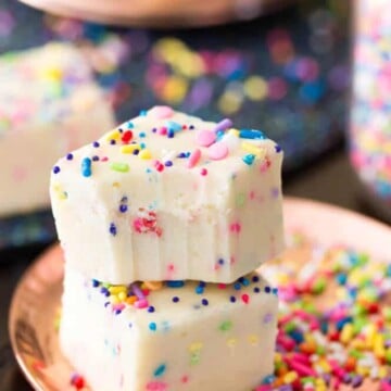 Stack of two squares of cake batter fudge