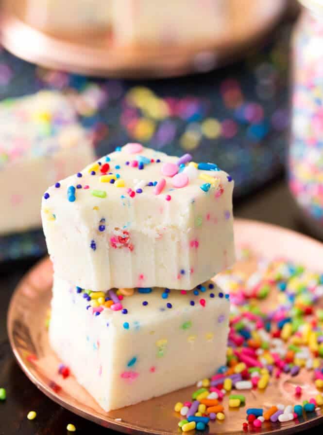 Stack of two squares of cake batter fudge