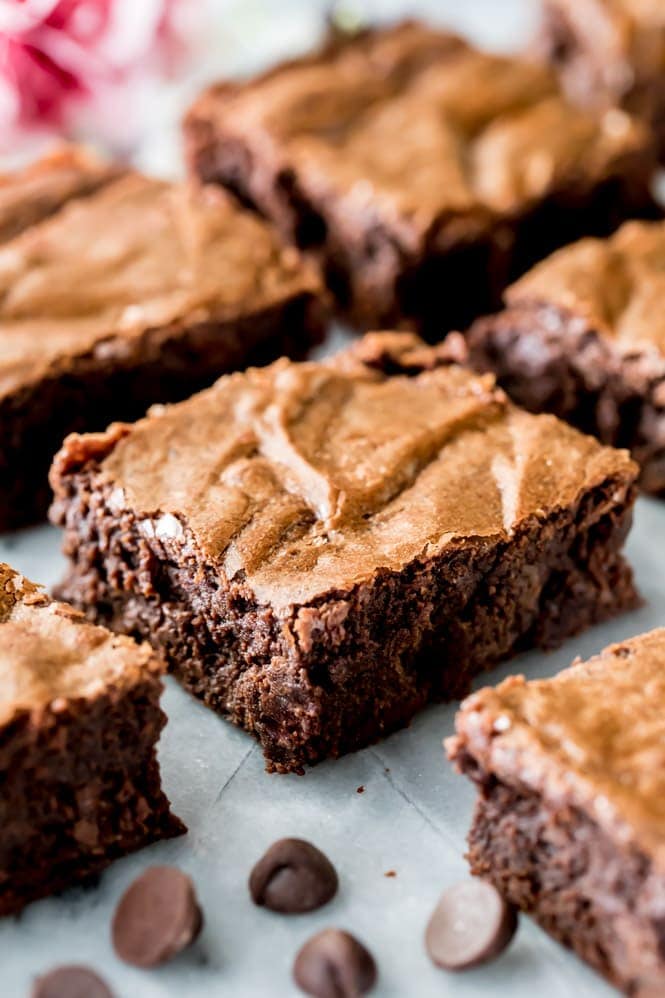 Fudgy brownies on marble slab from the best homemade brownie recipe