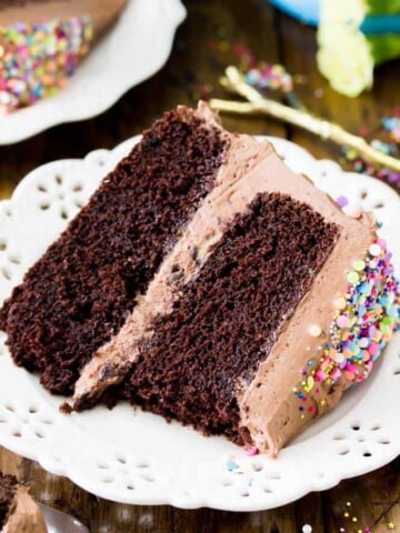 Slice of chocolate cake with chocolate buttercream frosting