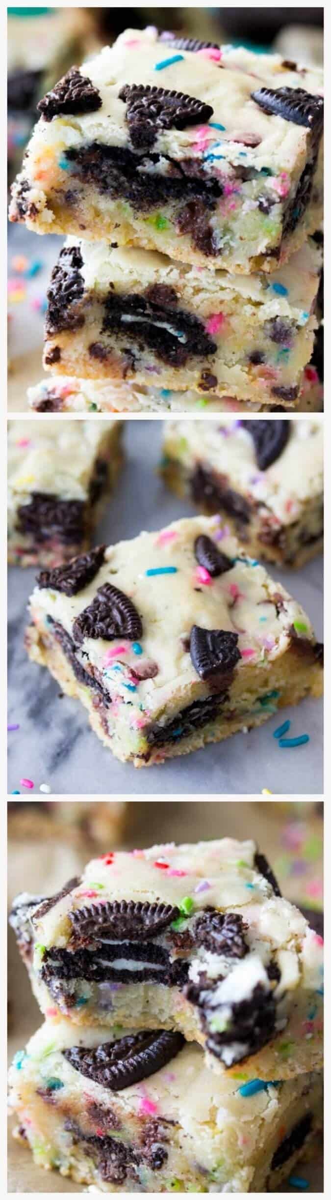 Funfetti Oreo Bars -- soft, chewy blondies with an Oreo cookie layer || Sugar Spun Run