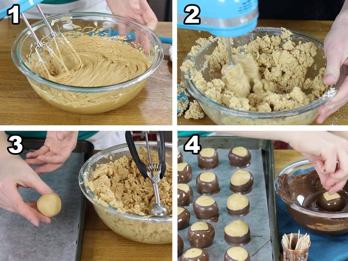 Collage depicting 4 steps to making buckeyes: creaming ingredients; adding sugar; rolling; dipping