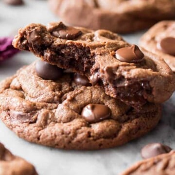 Double chocolate chip cookies stacked on each other