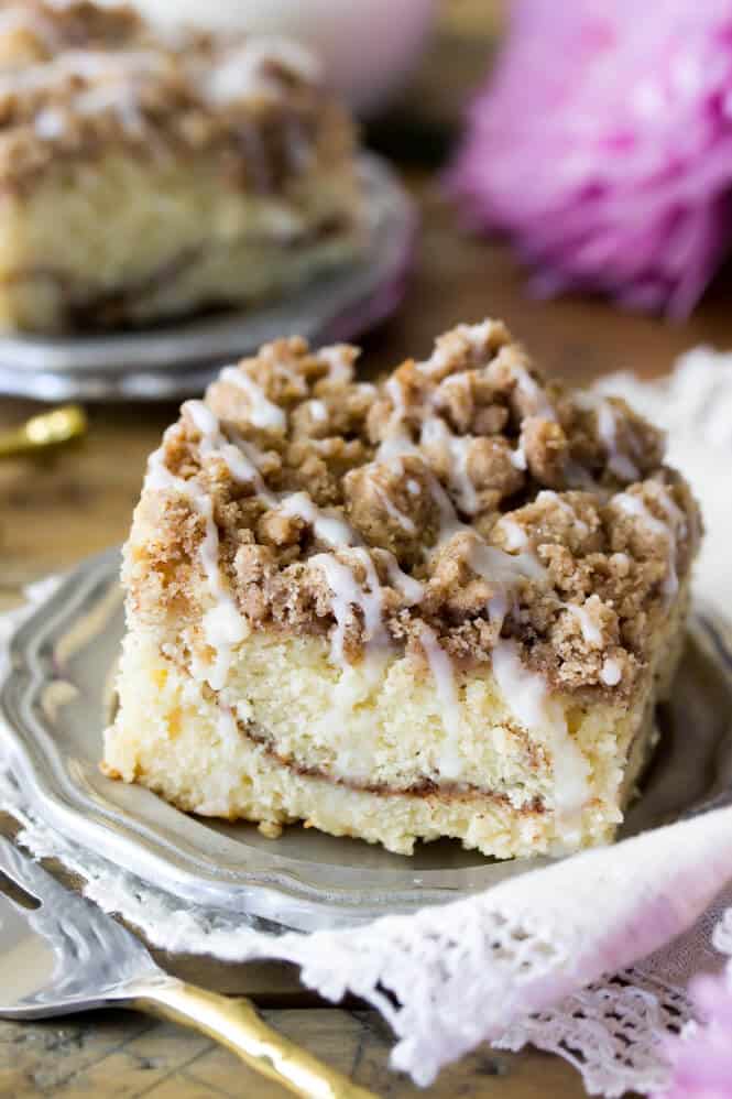 Slice of coffee cake on a silver plate